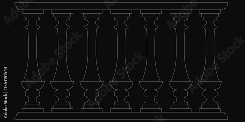A black and white drawing of an ornate balcony railing features intricate details, including decorative columns, curved balusters, and elegant scrollwork.