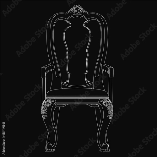 A black and white throne chair with intricate details, including a curved backrest, armrests, and high backrest, stands elegantly on a black background.