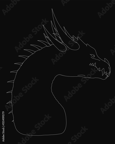 A fierce dragon head in black and white, outlined in stark white against a dark background. Its wide, alert eyes and slightly open mouth reveal sharp teeth, while spread wings emphasize power