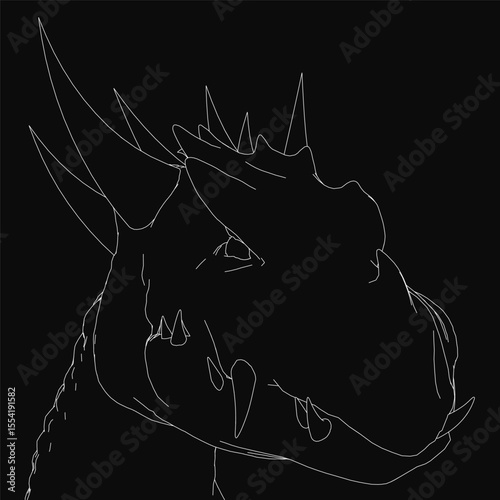A fierce dragon's head in black and white line art, wings spread wide, mouth open with sharp teeth. Detailed scales and alert eyes enhance the realistic yet stylized design.