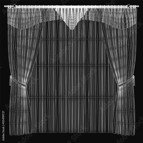 Black and white 3D-rendered curtain with realistic folds and texture, isolated on a dark background. The detailed shading creates depth, making the fabric appear lifelike.
