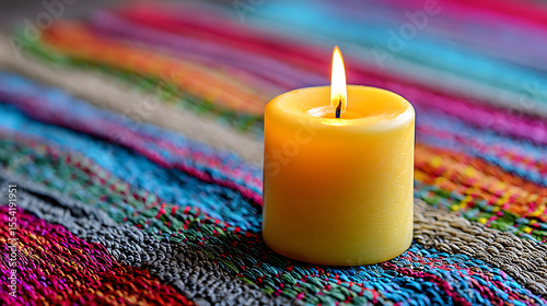 Warm Candle Flickers on Vibrant Textile Backdrop Creating a Cozy Atmosphere in a Serene Setting
