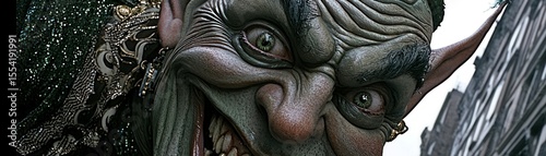 A detailed close up of a grotesque creature smiling menacingly