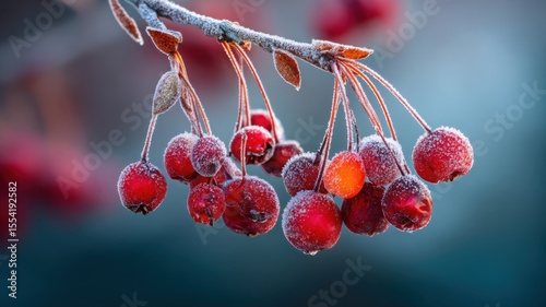 Frost-covered red berries create minimalistic winter beauty in soft light