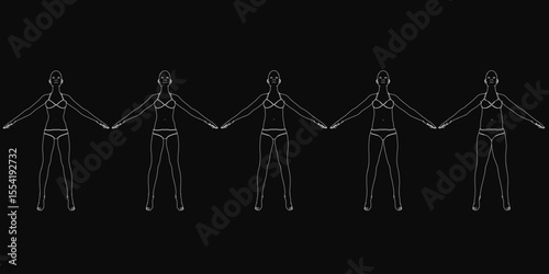 Women stand in a line with arms outstretched, each wearing a different outfit from a short dress to a long-sleeved top. The animated line drawing against a black background creates a sense