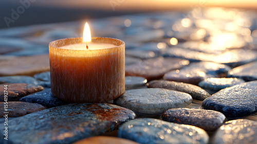 Candle Flame Illuminating Colorful Stones at Sunset Near a Serene Body of Water