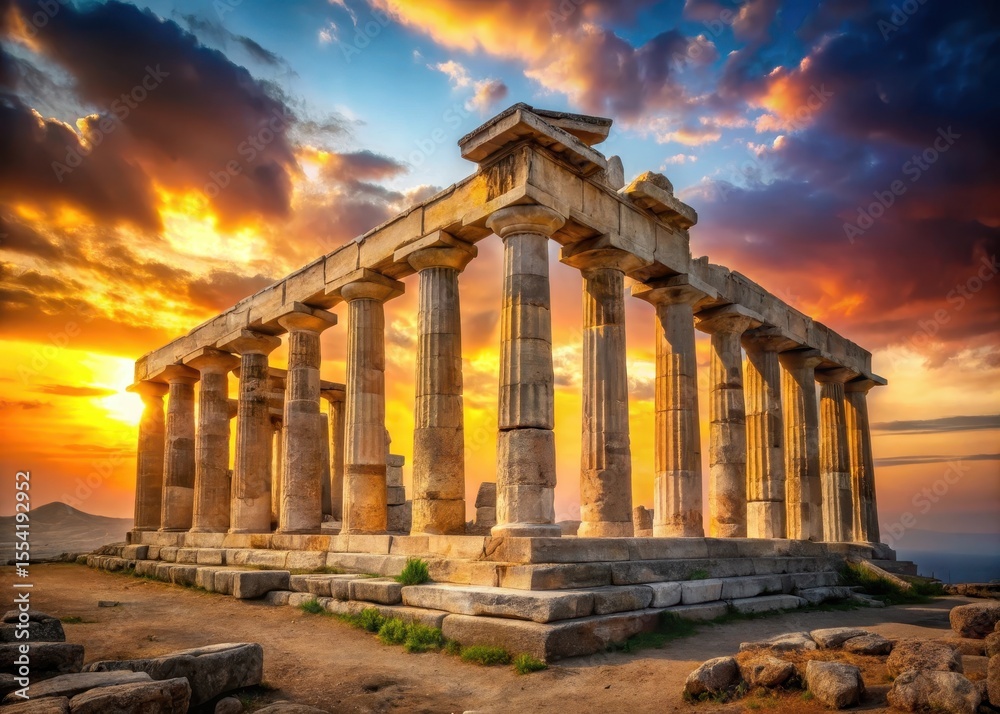 Obraz premium Ancient Greek temple ruins at sunset in Greece