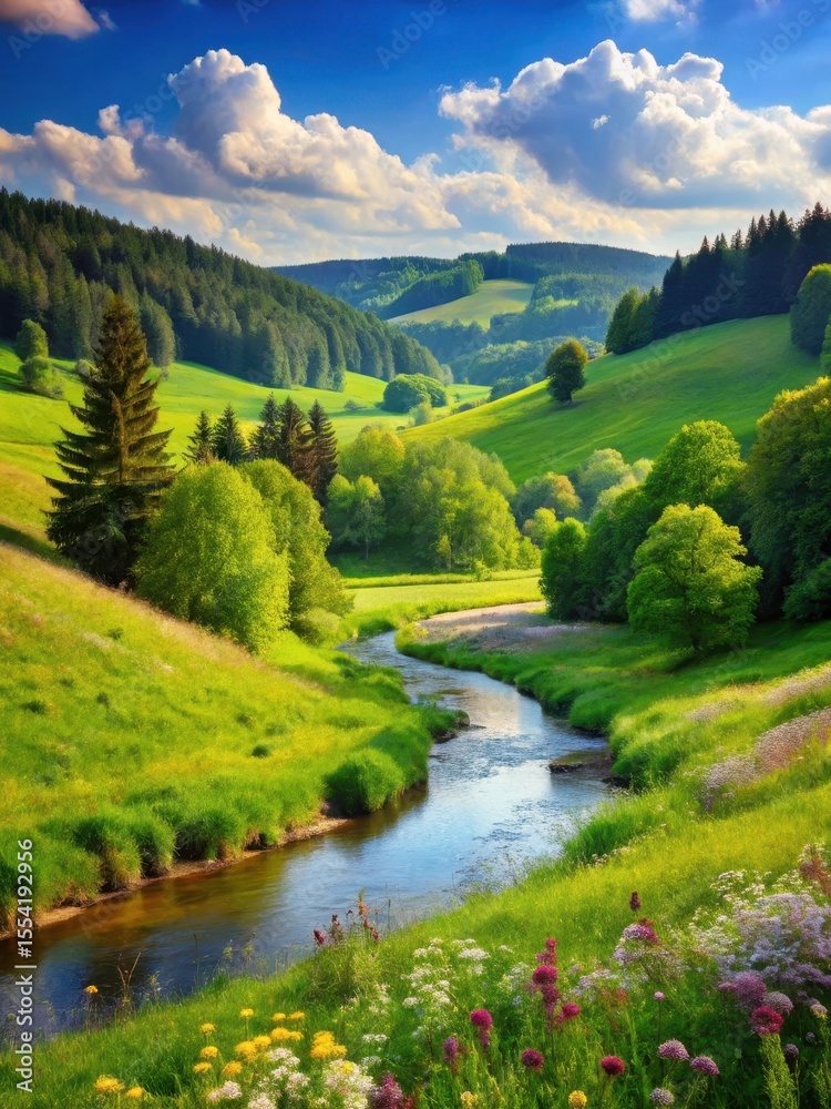 Fototapeta premium A serene landscape of rolling hills and lush green forests with a meandering stream running through it