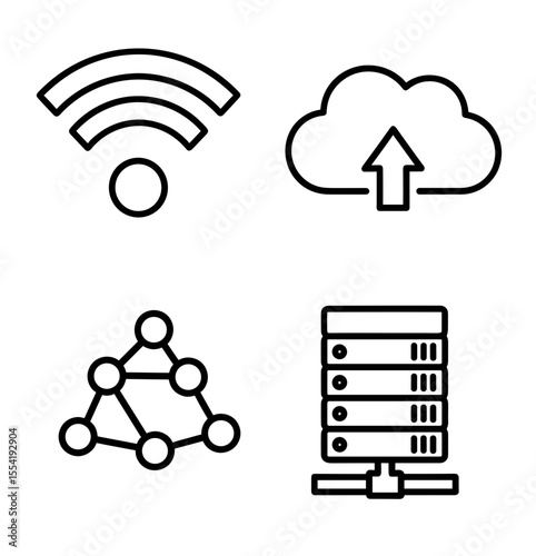 Four distinct icons depicting wireless network, uploading to cloud, network and server stack illustration