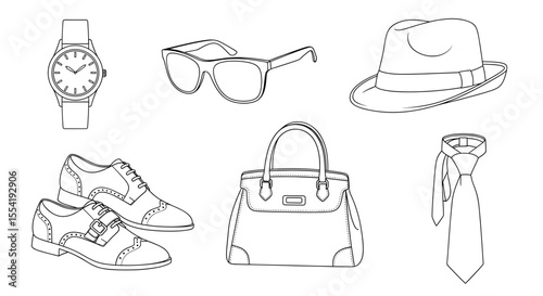 Assorted fashion accessories including a watch, glasses, hat, shoes, purse, and a necktie are visible