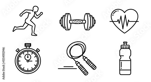 Line drawing featuring a runner, dumbbell, heart rate, timer, jump rope, and water bottle icons all together