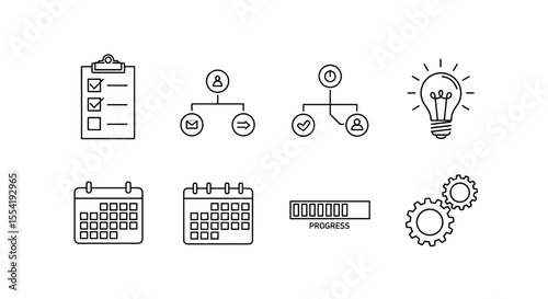Checklist flowchart lightbulb calendar progress gears symbols arranged in a neat presentation