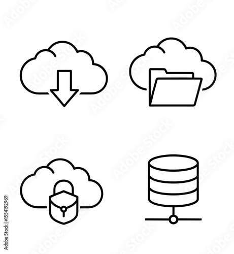 Outline icons depicting cloud services with file folder, download, padlock, and database storage