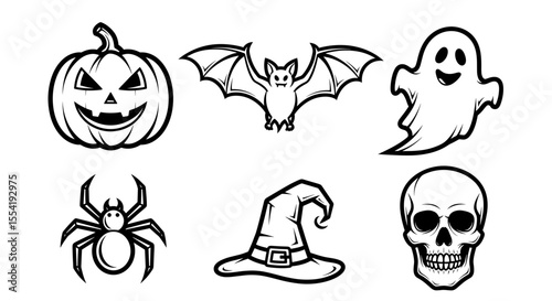 Assortment of spooky icons including pumpkin, bat, ghost, spider, hat, and skull illustrations