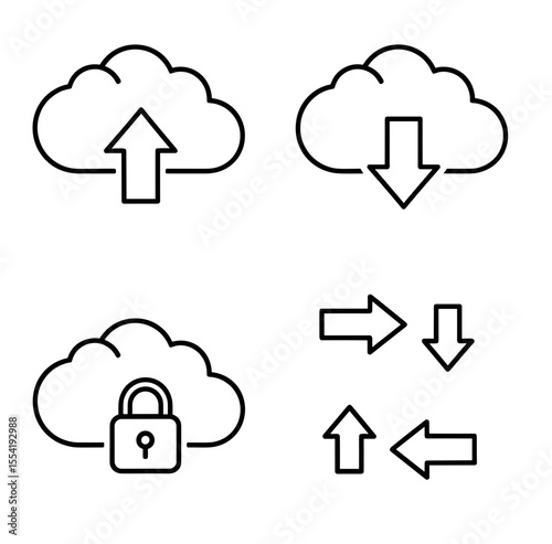 Outline icons depicting cloud upload download and data transfer with security padlock and arrows design