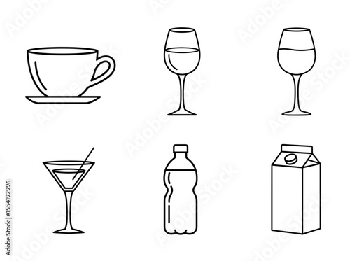 Assorted beverage containers including a cup, glasses, bottle, and carton in a line drawing style