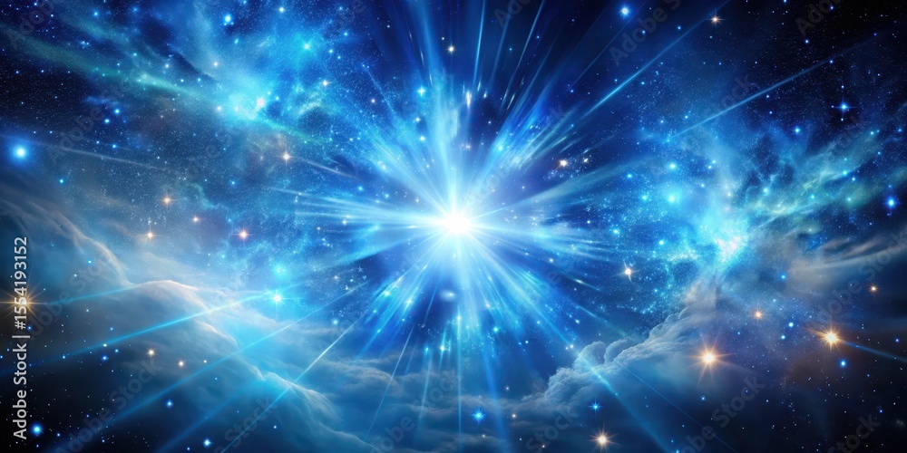 Fototapeta premium Cosmic explosion of blue stars with vibrant rays and energetic swirling clouds