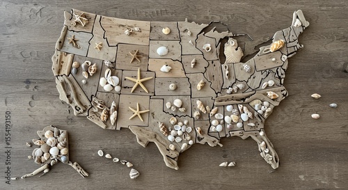 Driftwood USA Map Adorned with Seashells Creates a Unique Coastal Decor Piece