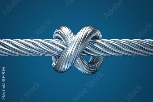 Daylight illuminates strong metal wire that is twisted together in knots set against a clear blue sky