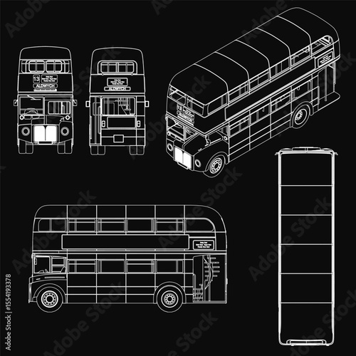 A detailed blueprint of an English double-decker bus on a black background, showcasing the full design with precise measurements and structural elements.