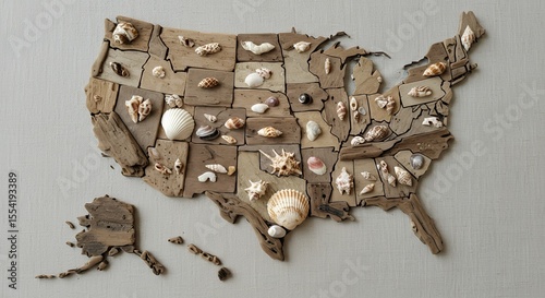 Driftwood Map of the USA Adorned with Seashells