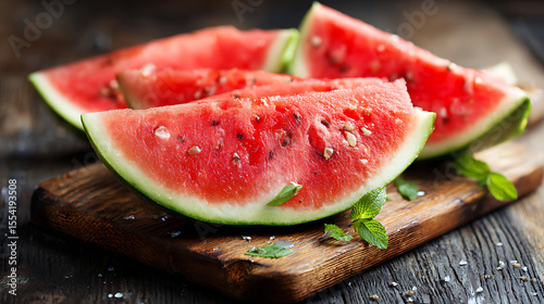 Freshly Cut Watermelon Slices Arranged on a Wooden Cutting Board With Mint Leaves Enhancing the Presentation