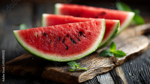 Freshly Sliced Watermelon Served on a Rustic Wooden Board With Mint Leaves for a Refreshing Summer Treat