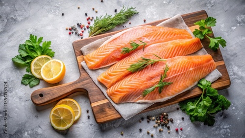 Fresh trout fillets with skin on a wooden cutting board