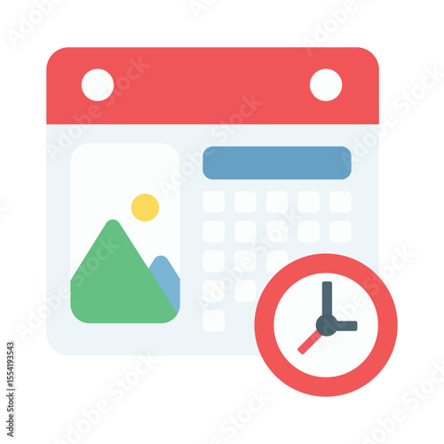 Red Calendar Icon with Clock and Landscape Image time