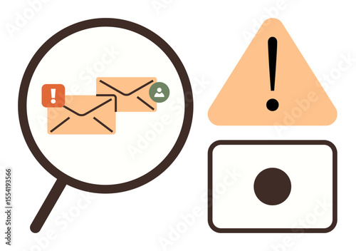 Magnifying glass highlighting email messages with alerts, exclamation warning sign, settings toggle. Ideal for cybersecurity, email spam, awareness, detection, data protection, warning notification