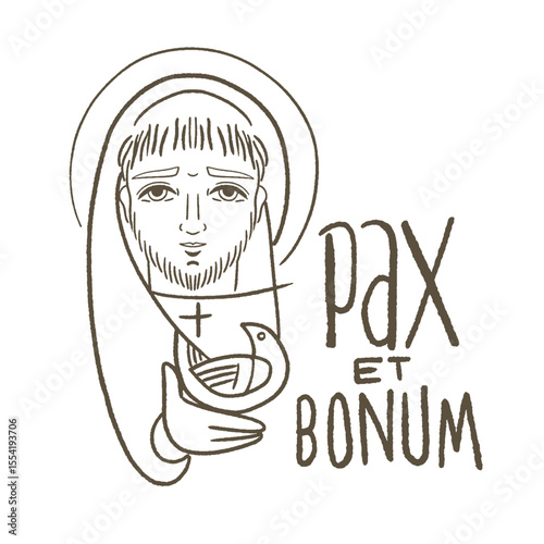 Drawing of Saint Francis of Assisi, line drawing black and white vector design.
