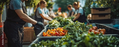 Food waste environmental concept: People throw food waste into a bin, preparing it for decomposition to reduce landfill waste., Generative AI