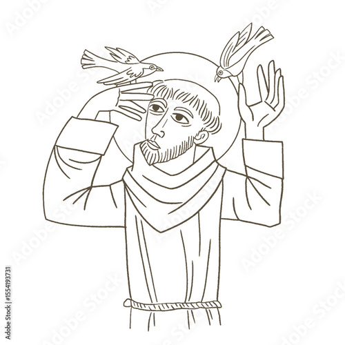 Drawing of Saint Francis of Assisi, line drawing black and white vector design.
