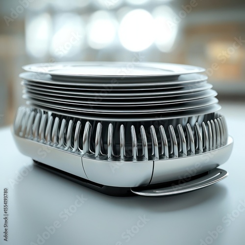 Stacked plates in a sleek, metallic dish storage device