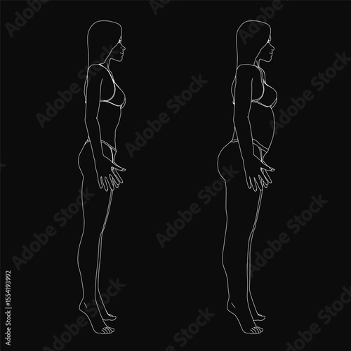 A confident woman stands before a black background, her posture determined as she showcases her weight loss journey with a line drawing of her before and after body.