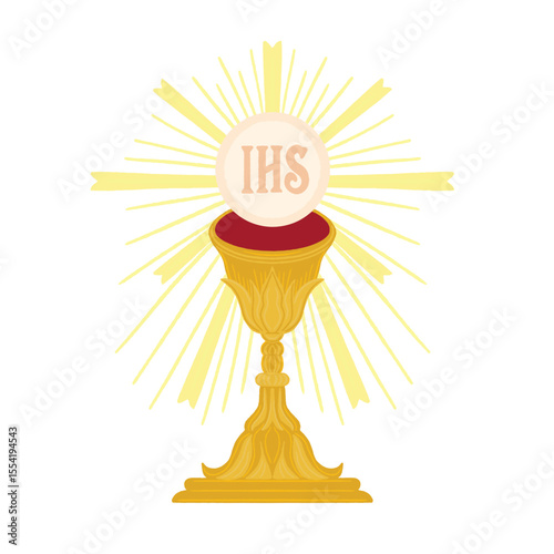 Eucharist symbols of bread and wine, chalice and host with wheat ears and grapes vine.