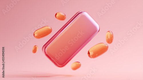 Floating Rectangular Pink Product Label Mockup with Pills – High-Quality Medical Packaging Design Template