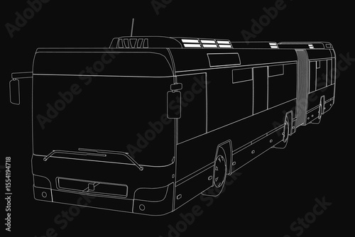 A black and white 3D model of a long bus, rendered as a detailed line drawing on a dark background.
