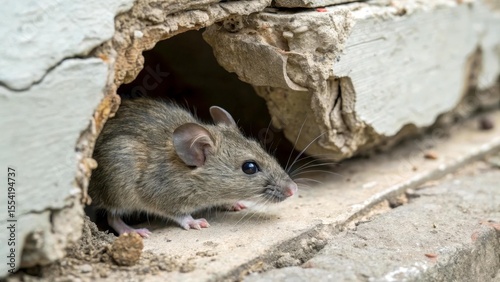 A small grey mouse emerges from a hole in the wall, looking around cautiously. The scene is filled with alertness and hidden activity. Perfect for pest and home themes.