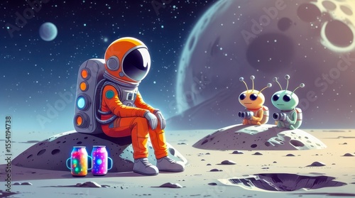 A cartoon astronaut in an orange spacesuit sits thoughtfully on a tiny moon, next to a glowing refrigerator with space soda. Behind him, two aliens are hiding.