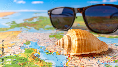 Seashell rests on a world map alongside sunglasses, suggesting travel and summer vacation
