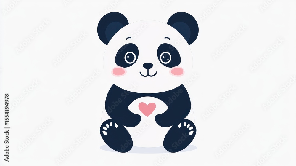 Fototapeta premium Adorable cartoon panda with a pink heart on a white background sits cutely