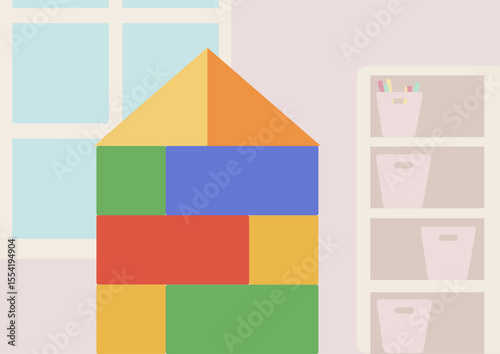 Colorful building block house in a child's playroom, symbolizing early education and playful learning. Design for kids material.