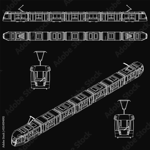 A detailed blueprint of a subway train on a black background, featuring precise vector lines and technical design elements. The passenger train illustration is clean and scalable