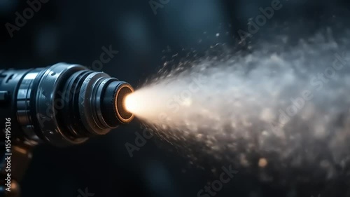 Glowing nozzle sprays mist with dark background.