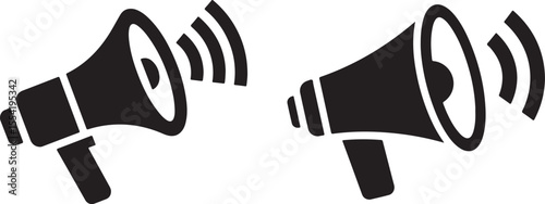 Two Black Silhouette Megaphones Broadcasting Announcements, Communication Icons, Vector Illustration