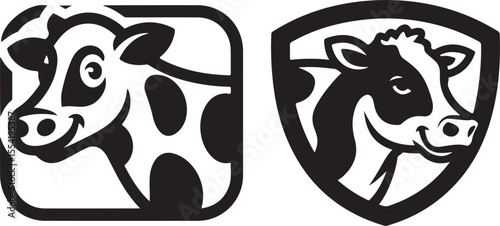 Two Black and White Cow Head Illustrations Square and Shield Designs Perfect for Branding or Farm-Related Projects