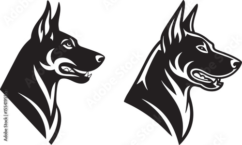 Two Doberman Pinscher Head Silhouettes, Black and White Vector Illustration, Profile Views