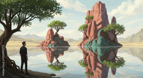 A Lone Explorer Contemplates a Serene Desert Oasis Landscape with Dramatic Rock Formations and Reflecting Water