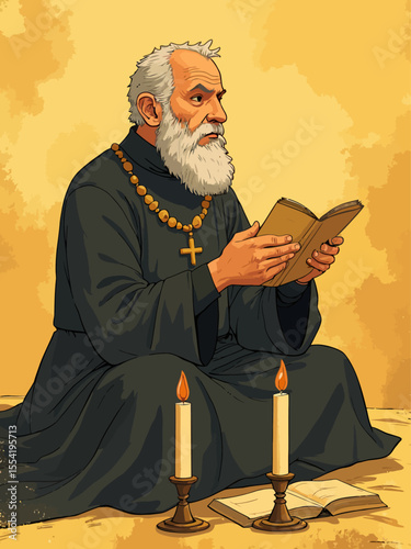  A medieval monk in contemplation expressive gestures of deep thought and prayer, minimal perspective, highly stylized robes and candles